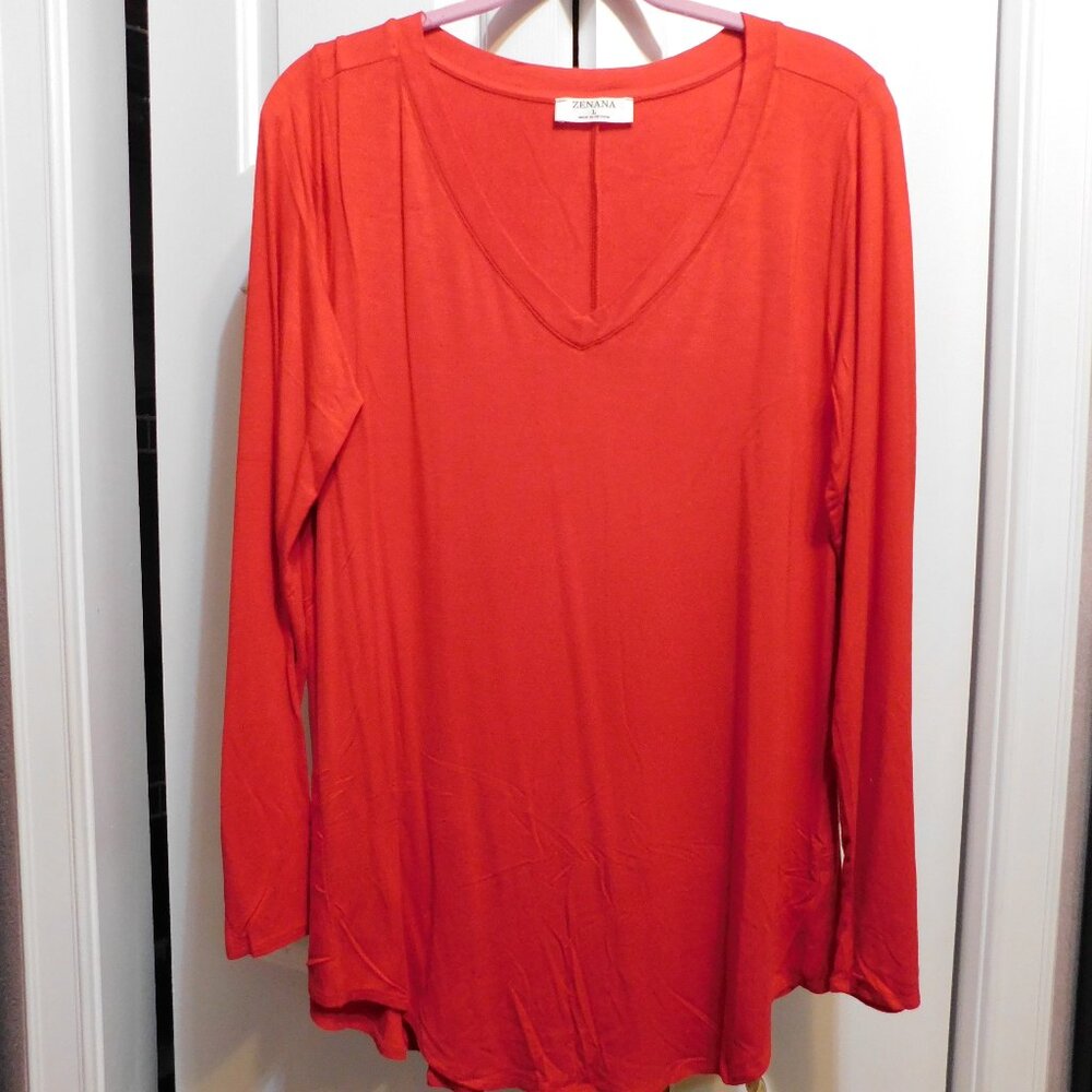 Zenana Red Rounded Hem LS Top Sz L